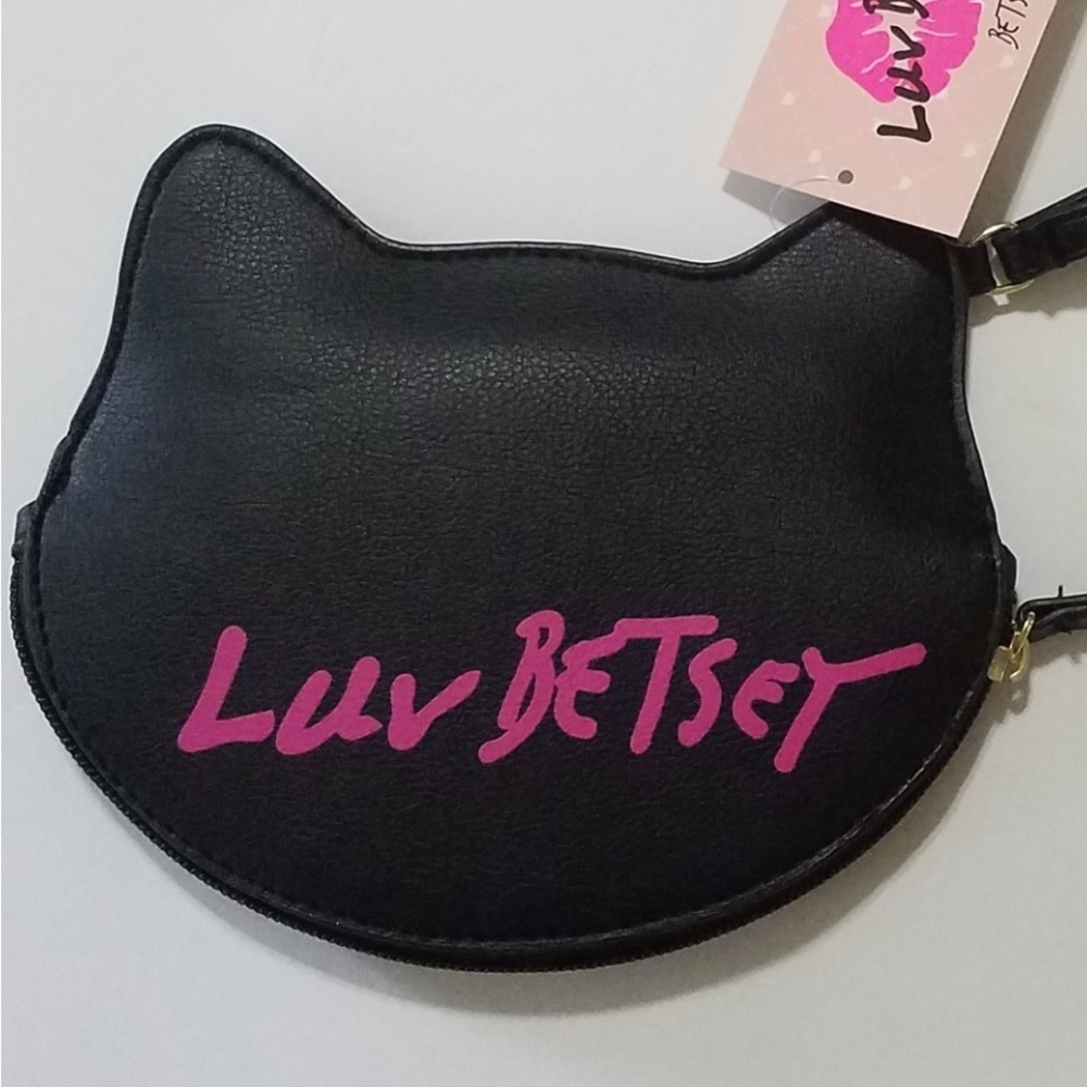 BETSEY JOHNSON PURSE BLACK PINK CAT WRISTLET KEY BAG PINK GLITTER HEART EYES NEW - Picture 3 of 10